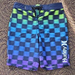 Hurley Kids Blue and Green Checkered Swim Trunks